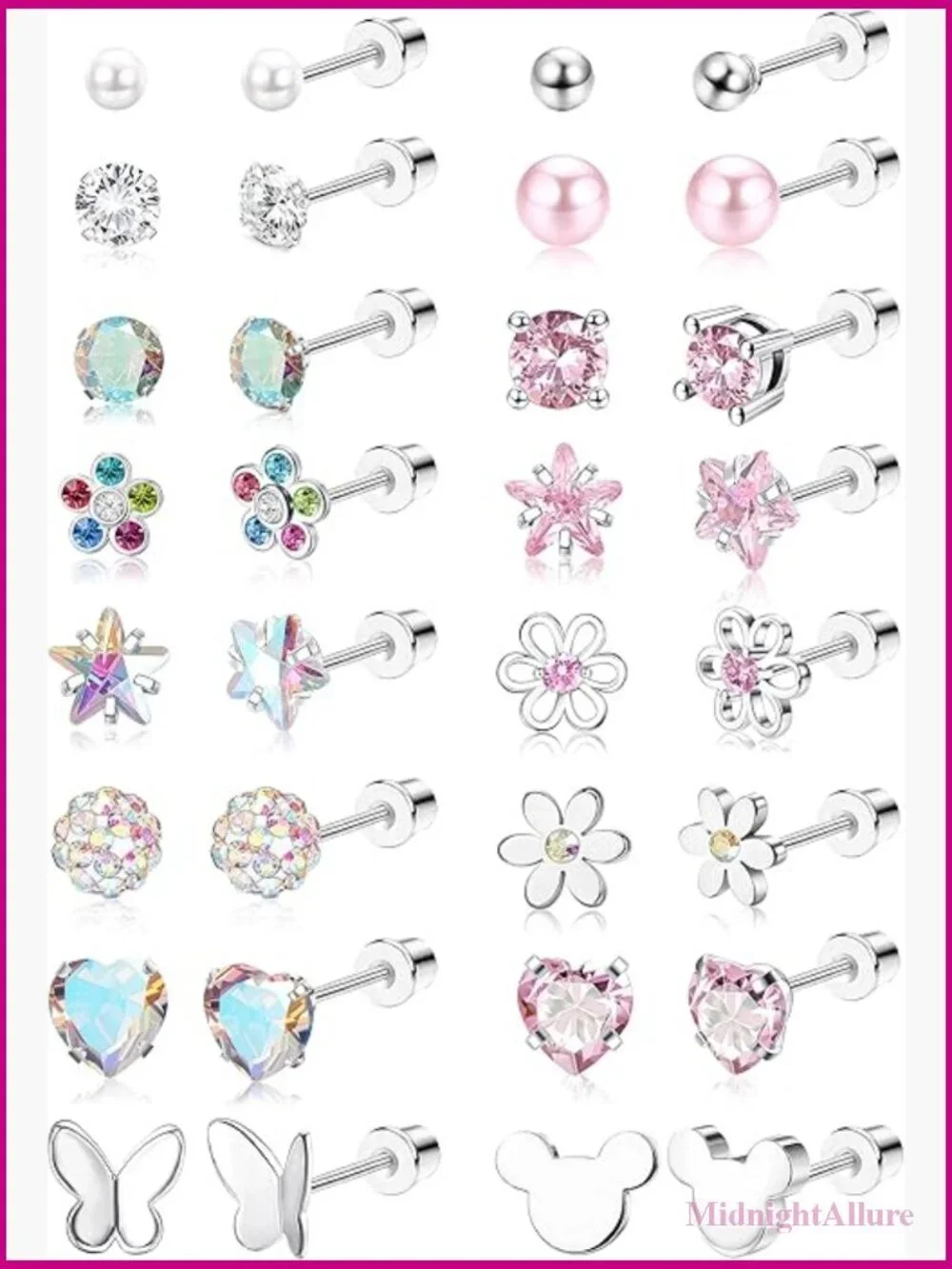 16 Pairs Hypoallergenic Screw Back Earrings Set 316L Stainless Steel CZ Studs